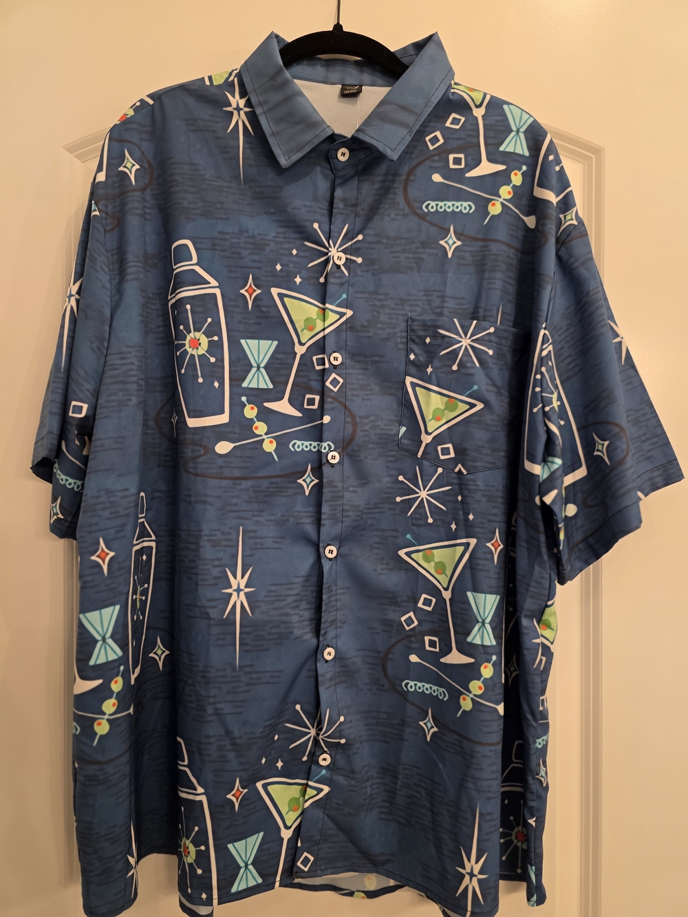 Men's Blue Retro Cocktail-Print Short-Sleeve Button-Down Shirt